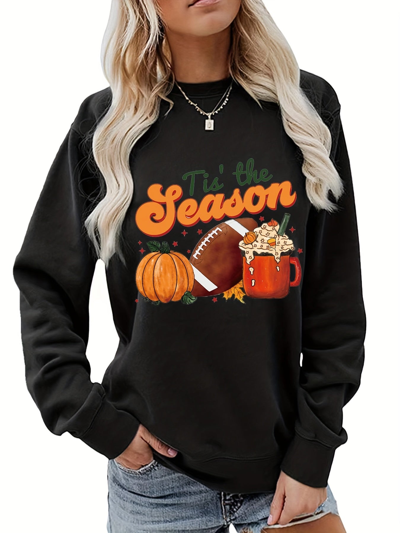 Halloween Print Sweatshirt Crew Neck Long Sleeve Casual Pullover for Women