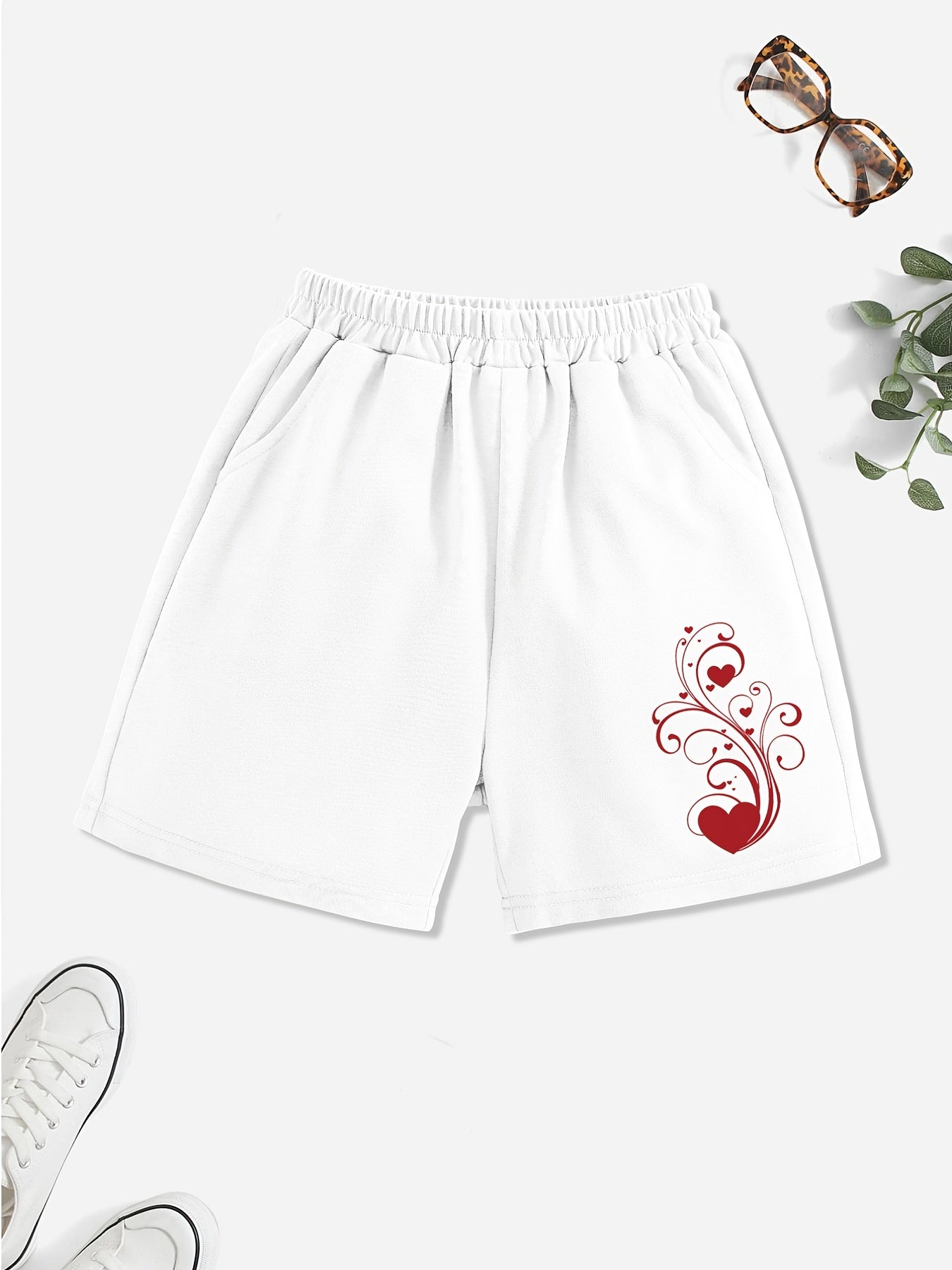 Girls' Casual Swirls & Heart Graphic Elastic Waist Shorts