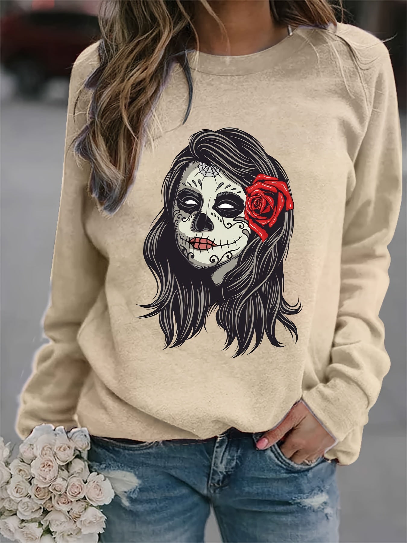 Skull Print Sweatshirt Crew Neck Long Sleeve Casual Top