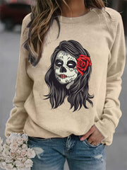 Skull Print Sweatshirt Crew Neck Long Sleeve Casual Top