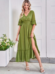Ruffle Trim Solid Dress Shirred V Neck Split Thigh Dress Women's Clothing