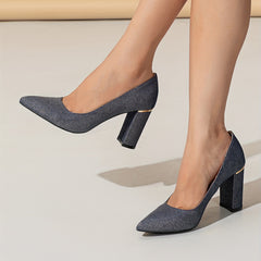 Metallic Block Heels Point Toe Dress Pumps Slip On Heels