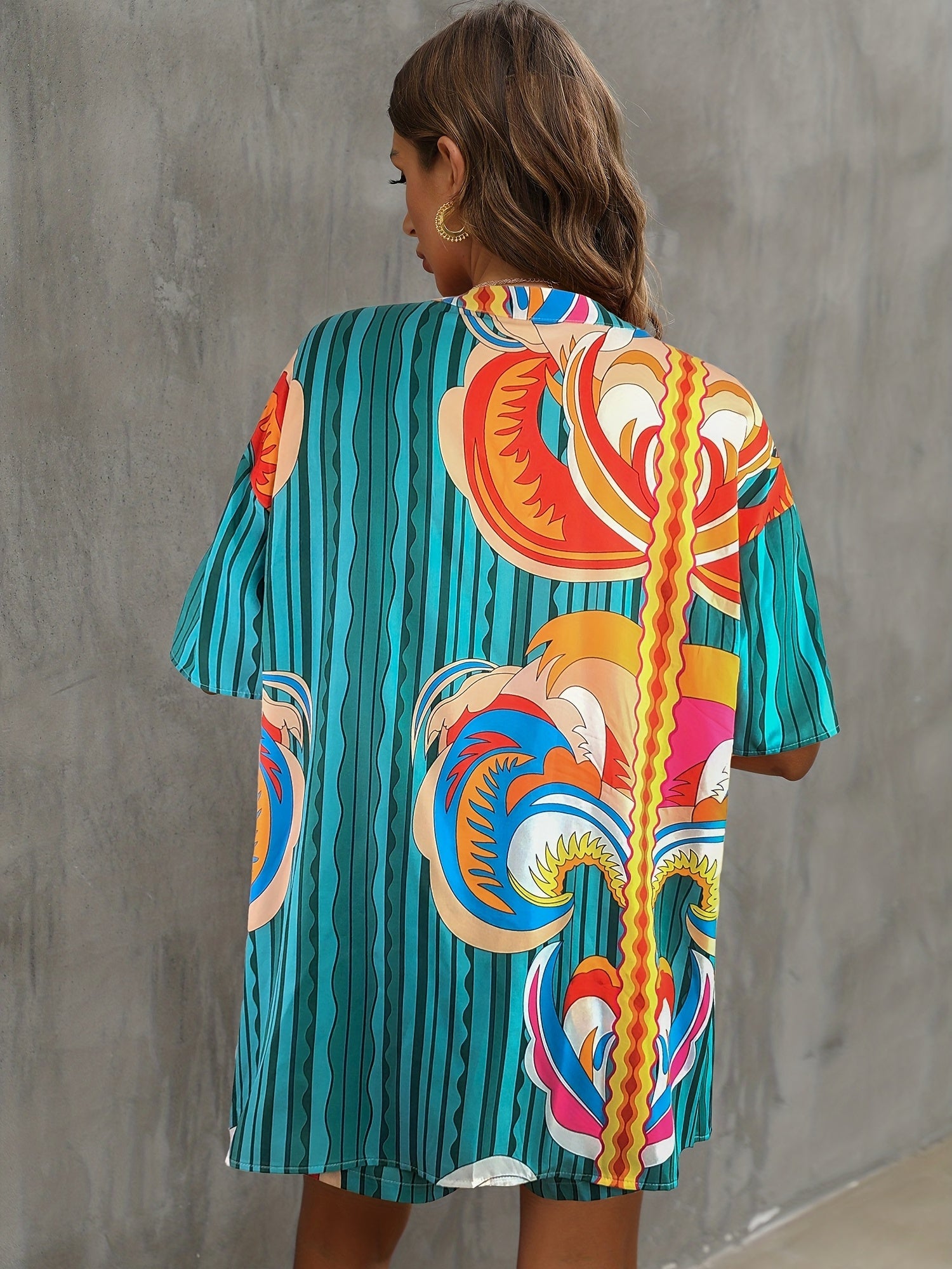 Boho Striped Graphic Print Vacation Two piece Set Blouse & Shorts