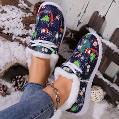 Women's Christmas Snow Boots Santa Claus Pattern Plush Comfort Flats
