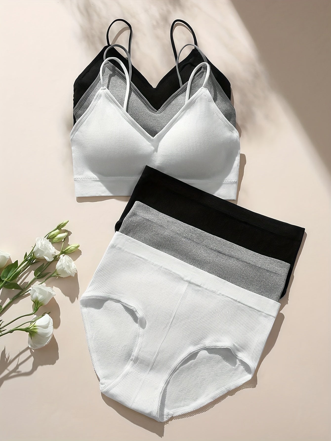 3 Sets Solid Ribbed Bra & Panties Push Up Bra & Elastic Panties Lingerie Set
