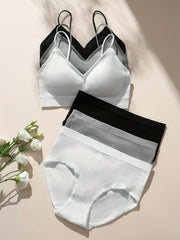3 Sets Solid Ribbed Bra & Panties Push Up Bra & Elastic Panties Lingerie Set