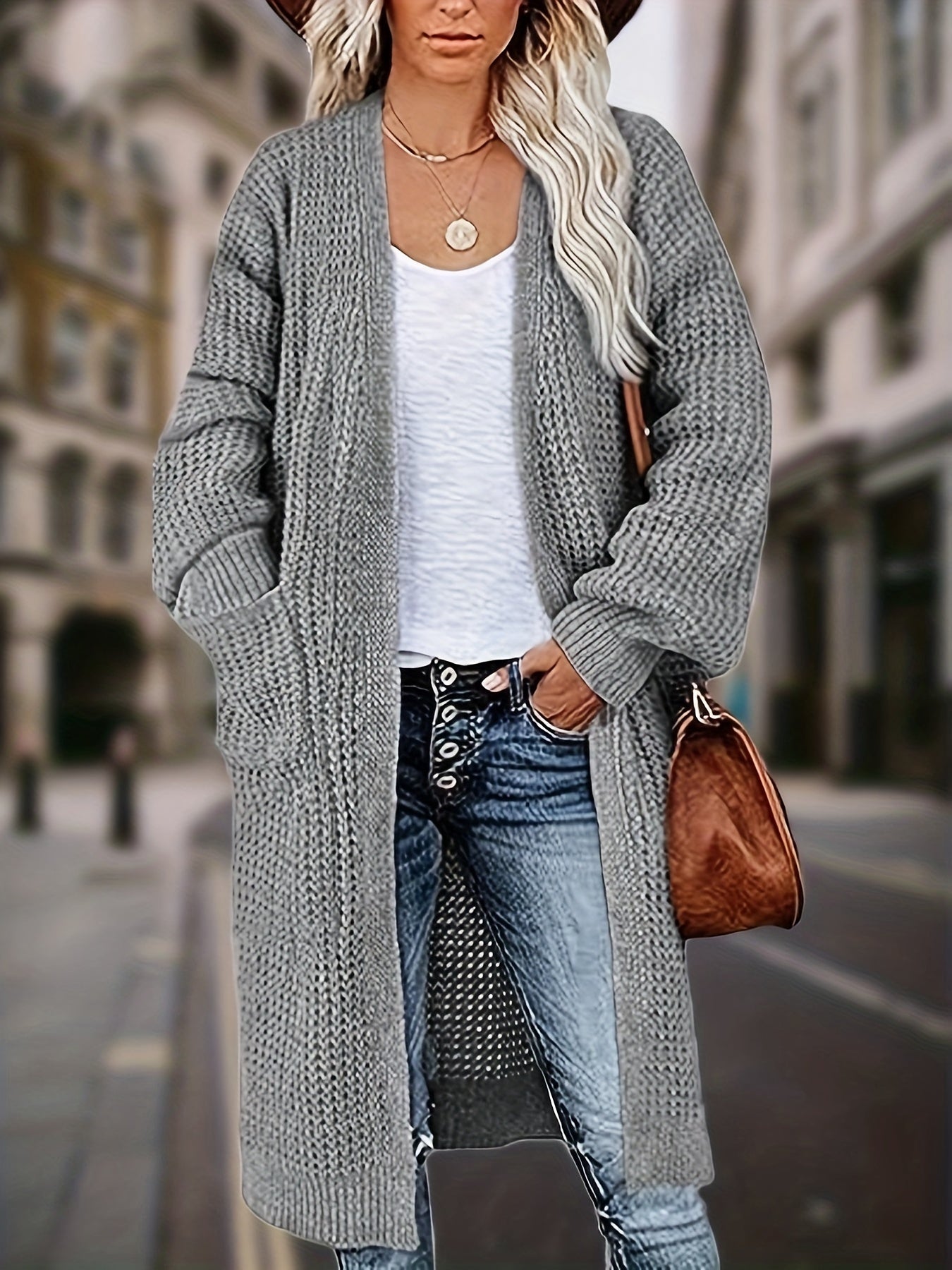 Women's Solid Long Sleeve Open Front Cardigan With Pockets