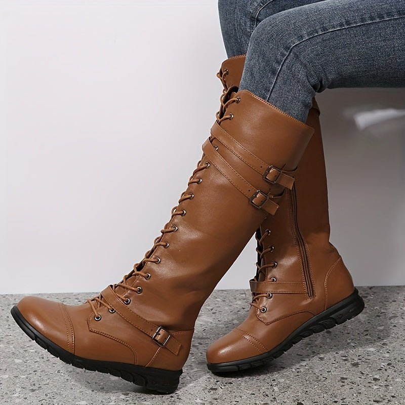 Women's Lace Up Knee High Combat Boots Low Heel Round Toe Riding Boots