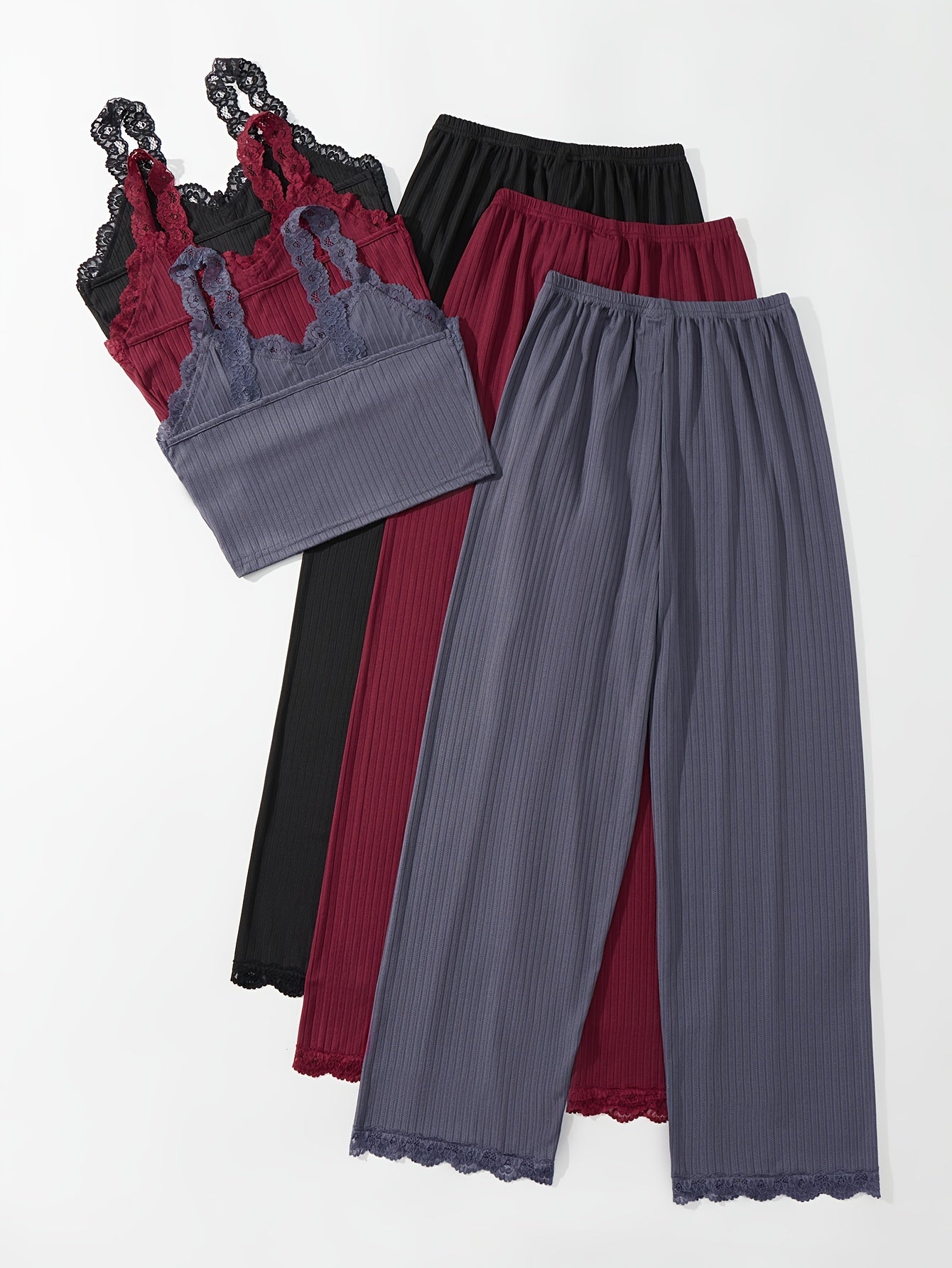 Lace Trim Lounge Set V Neck Cami Top & Elastic Waistband Pants