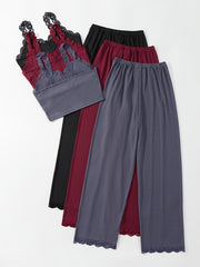 Lace Trim Lounge Set V Neck Cami Top & Elastic Waistband Pants