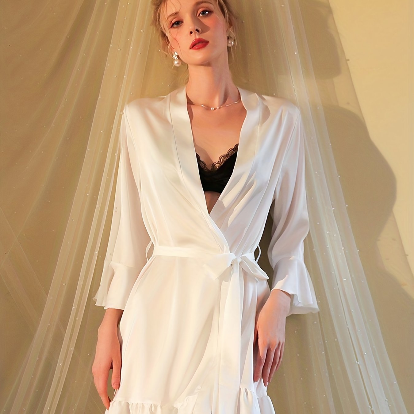 Women's Satin Ruffle Night Robe Long Sleeve V Neck Robe