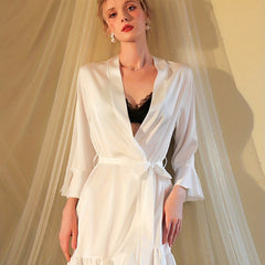 Women's Satin Ruffle Night Robe Long Sleeve V Neck Robe