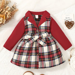 Plaid Patchwork Winter Vintage Windbreaker Dress for Toddler Girls