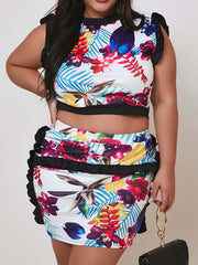 Women's Plus Floral Print Ruffle Trim Crop Top & Skirt Set