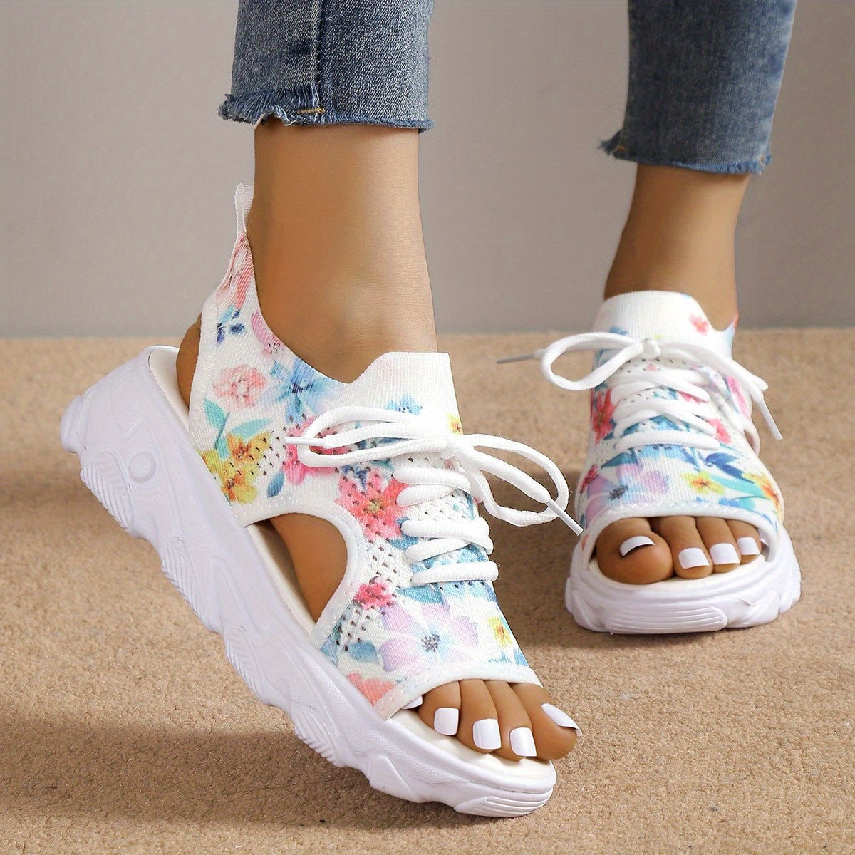 Women's Tie Dye Knit Sports Sandals Lace Up Peep Toe Slingback Shoes