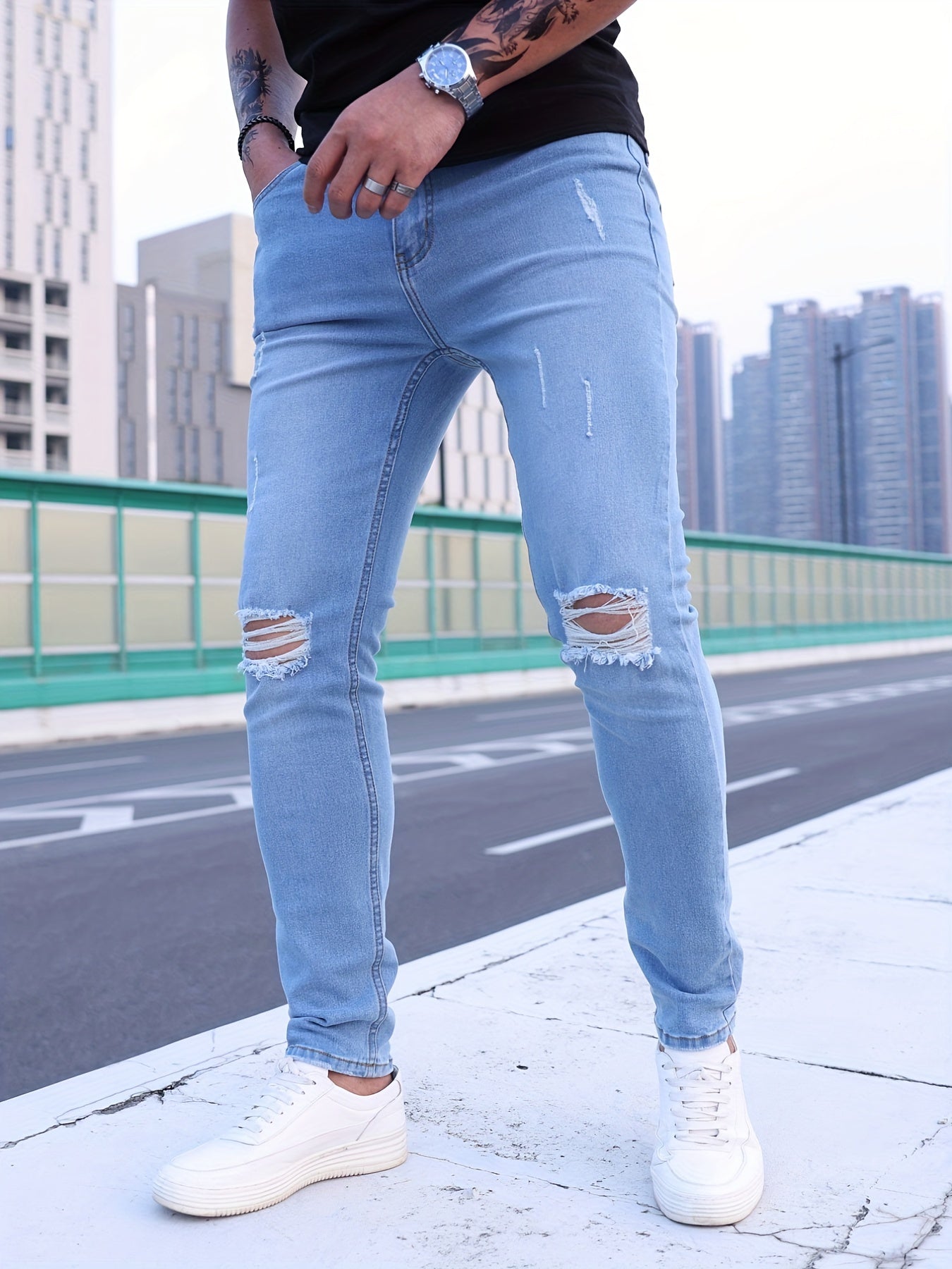 Ripped Slim Fit Jeans Men s Casual Street Style Denim Pants