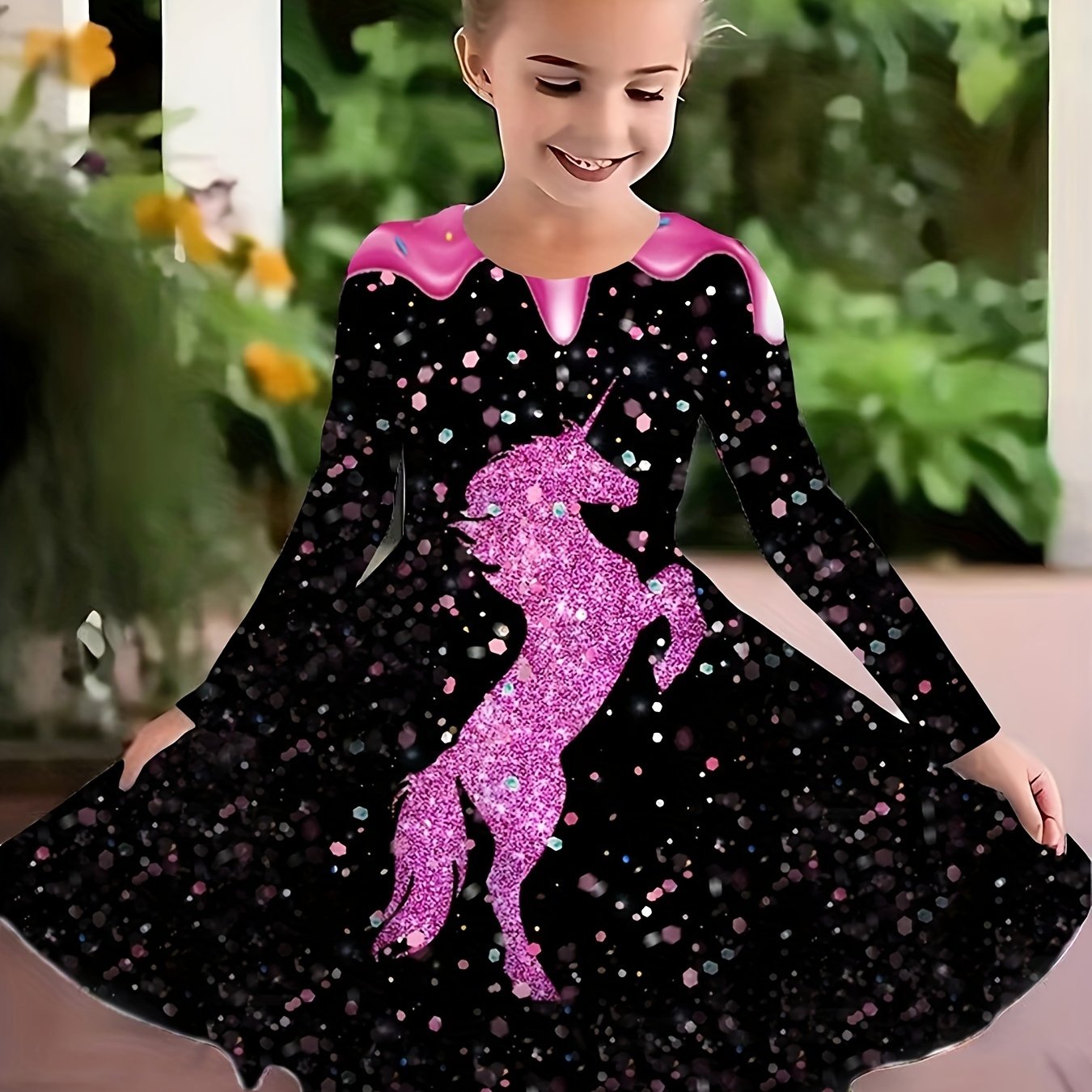 Girls Unicorn Graphic Long Sleeve Dress