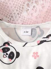 Baby Girls Bear Print Flying Sleeve Dress with Belt