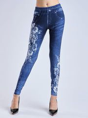 Denim Print Skinny Leggings Elastic Waist Stretchy Women's Clothing