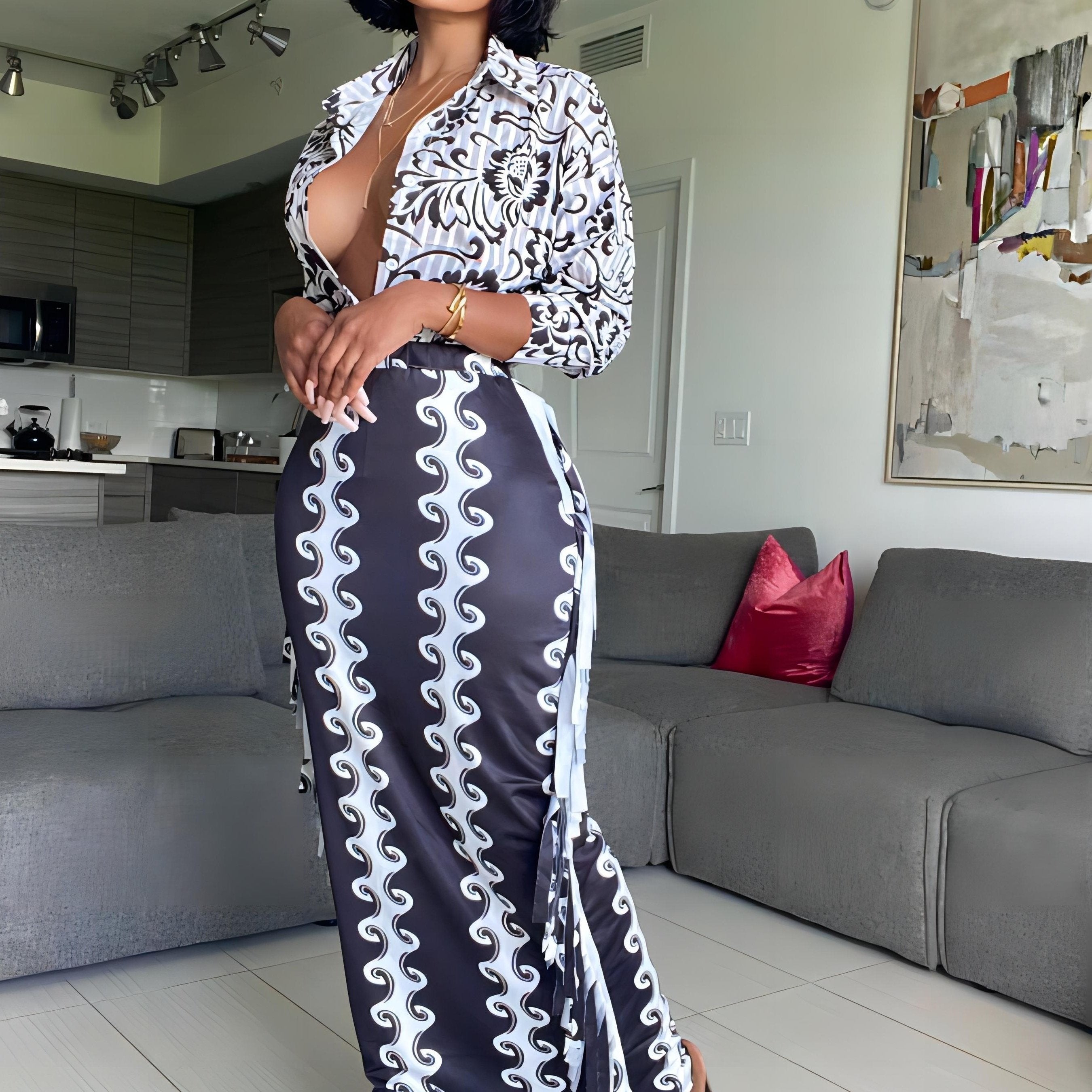 Boho Fringe Trim Plus Size Maxi Skirt