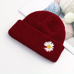 Daisy Embroidery Beanie Solid Skull Cap Lightweight Elastic Warm Knit Hat