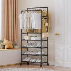 Double Pole Coat Rack Movable 5 Layer Clothes Rack
