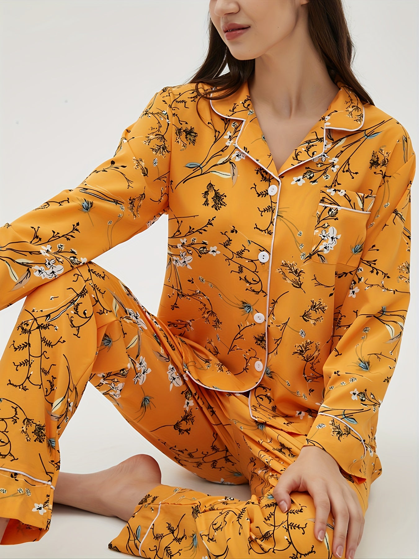 Floral Print Pajama Set Long Sleeve Top & Elastic Waistband Pants