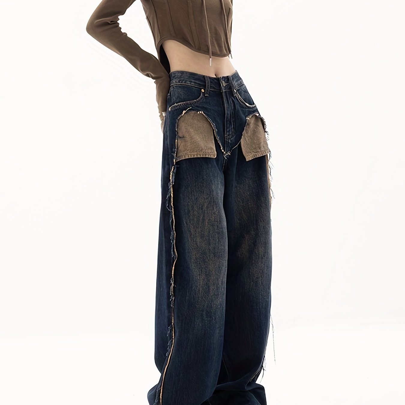 Dark Patchwork Straight Jeans Retro & Street Style Wide Legs Jeans