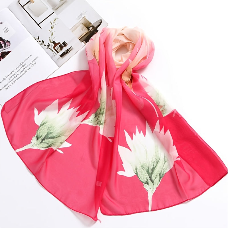 Lotus Print Gauze Scarf Thin Casual Shawl Women Outdoor Windproof Wraps