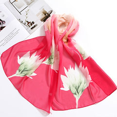 Lotus Print Gauze Scarf Thin Casual Shawl Women Outdoor Windproof Wraps