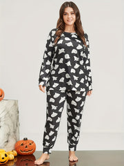 Women's Plus Ghost Print Lounge Set Long Sleeve Tee & Pants Two Piece