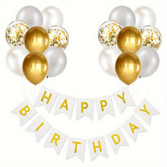 16pcs Happy Birthday Gold Banner Sequin Balloon Set