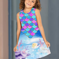 Girls Fish Scale Print Sleeveless Dress Summer Clothes