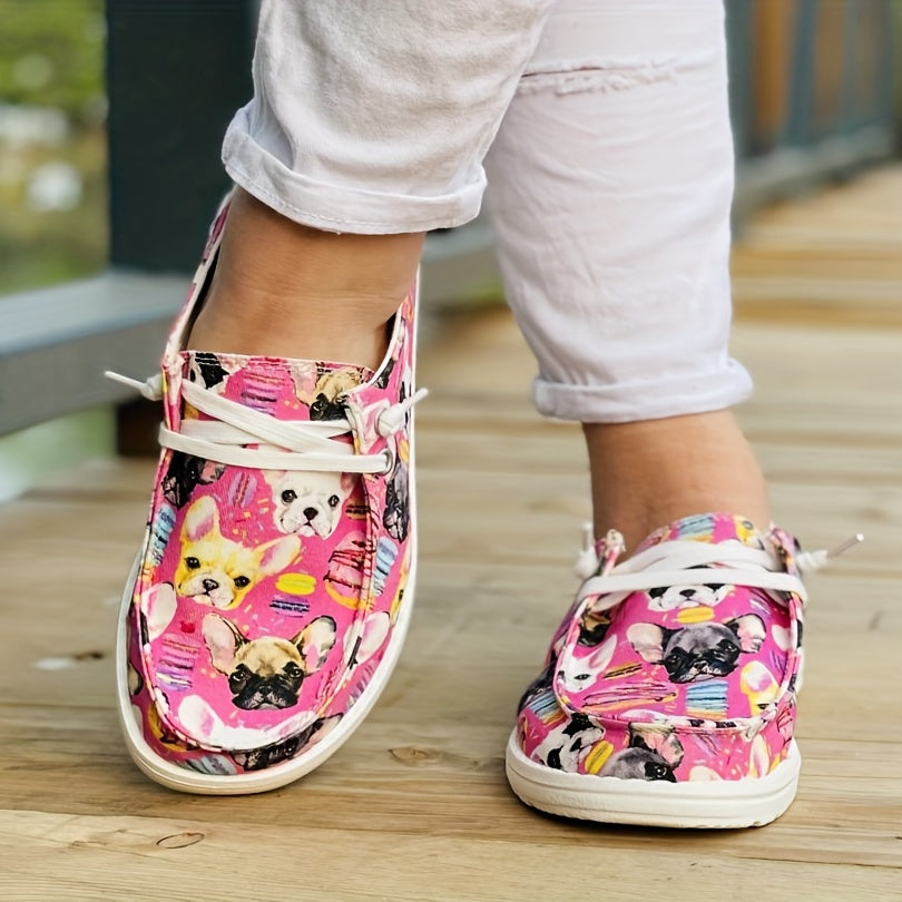 Women's Colorblock Dog Print Canvas Shoes Low Top Lace Up Round Toe Casual Shoes