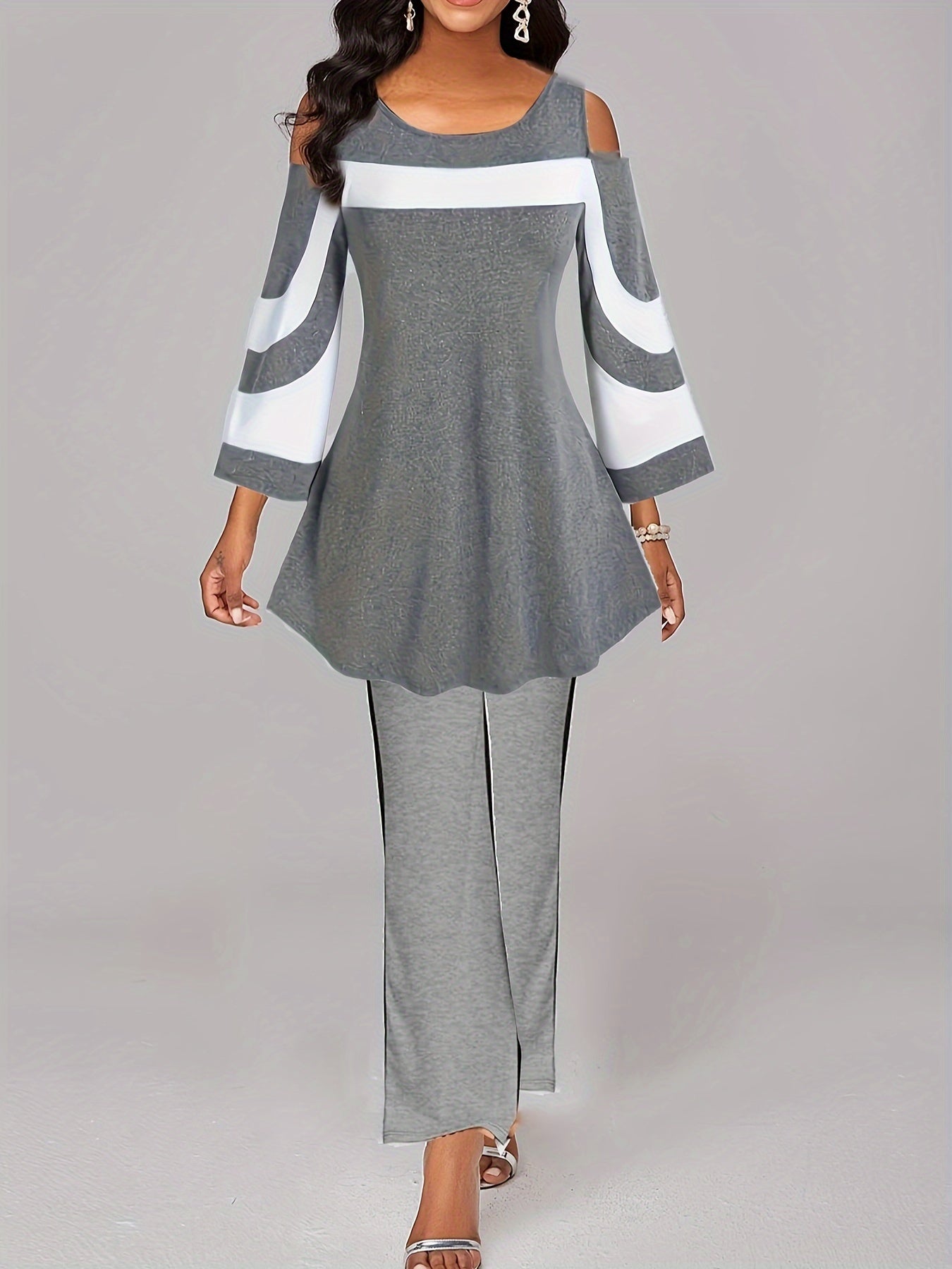 Colorblock Cold Shoulder Top & Flared Leg Pants Set