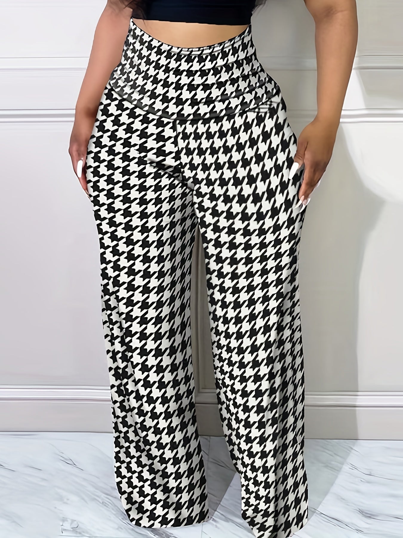 Houndstooth Wide Leg Pants High Waist Casual Spring Summer Women's Clothing