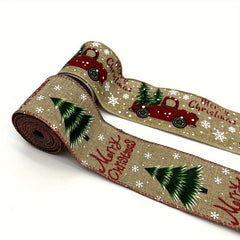 4 57M Christmas Ribbon Vintage Truck Wired Burlap Ribbon