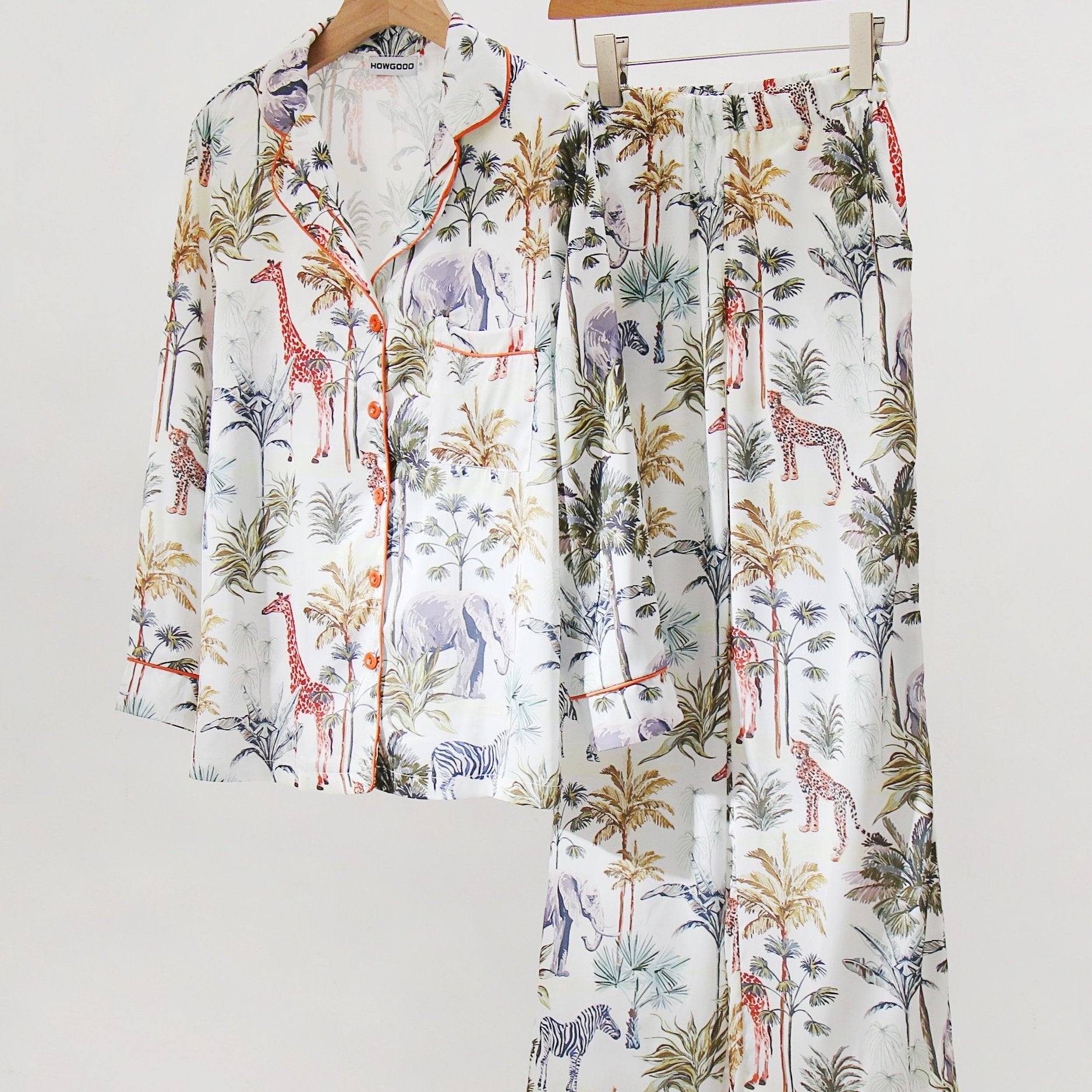 Plant Print Satin Pajama Set Long Sleeve Button Up Top & Elastic Waistband Pants