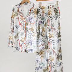 Plant Print Satin Pajama Set Long Sleeve Button Up Top & Elastic Waistband Pants