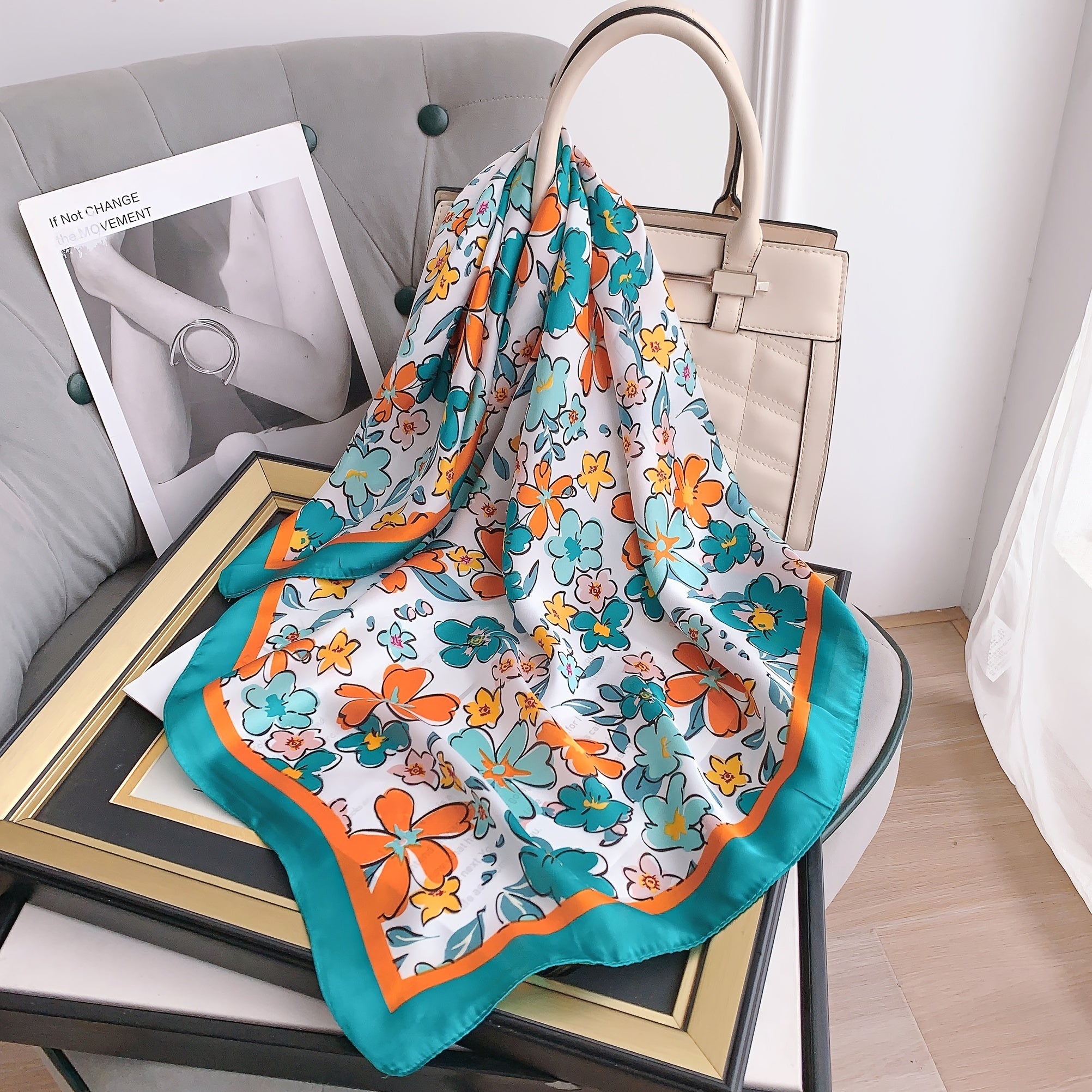 70cm Flower Graffiti Print Bandana Satin Square Scarf