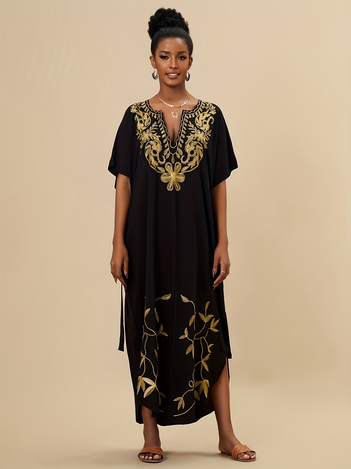 Women's Plus Boho Abaya Dress with Floral Embroidery