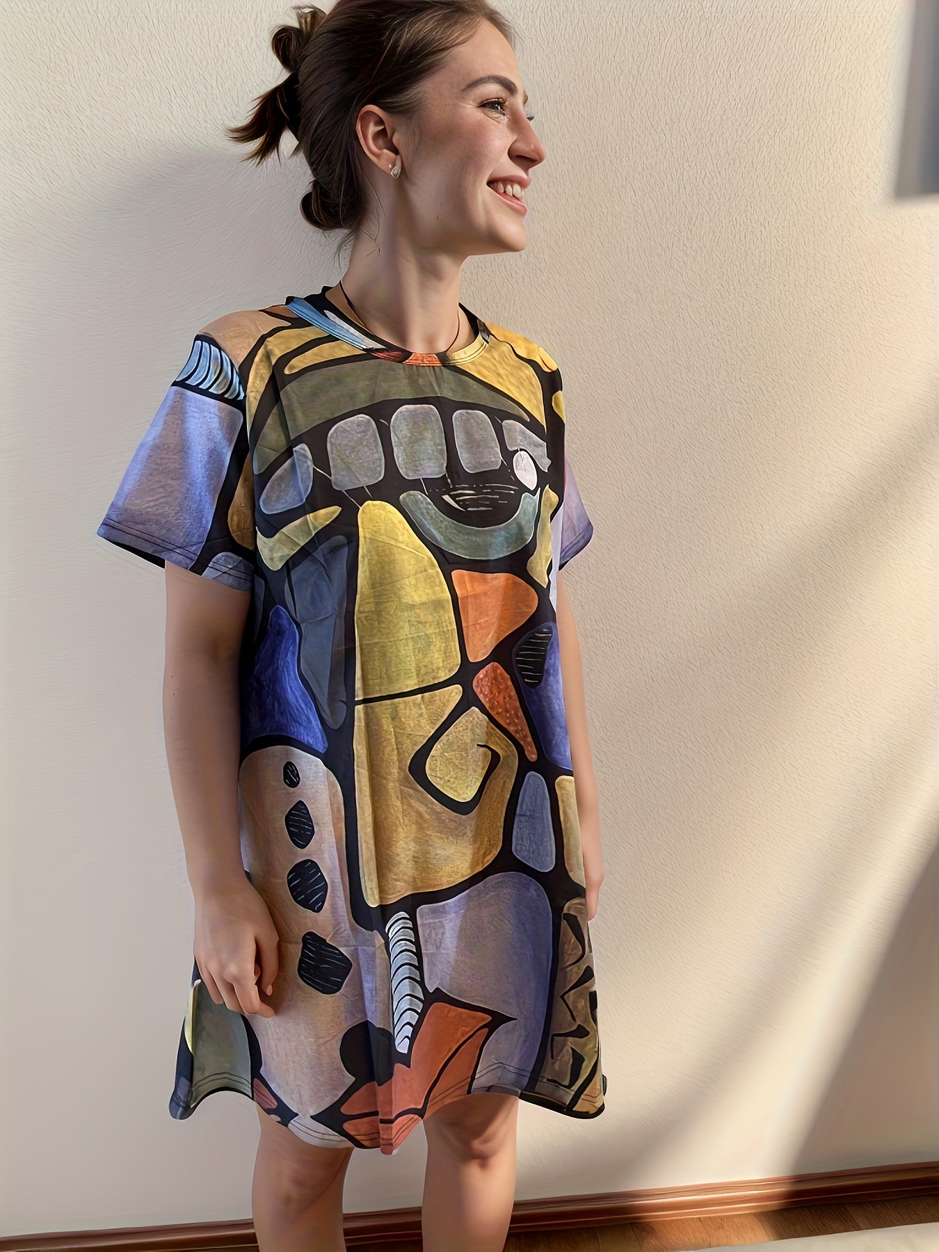 Geometric Pattern Lounge Dress Short Sleeve Crew Neck Home Dress