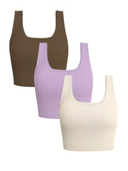 3 Pack Plus Size Ribbed Square Neck Crop Tank Set