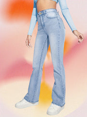 High Waist Flare Jeans Slash Pockets High Rise Stretchy Beel Bottom Denim Pants