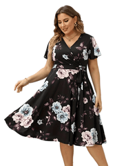 Women's Plus Floral Print Cap Sleeve Surplice Neck Bow Knot Medium Stretch Dress