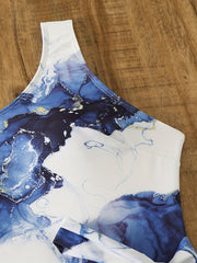 Marble Print One Shoulder Tie Front One Piece Bathing Suit