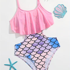 Girls Mermaid Shorts Ruffled Cami Top Swimsuit