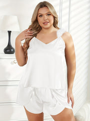 Satin V Neck Fuzzy Cami Top & Shorts Set
