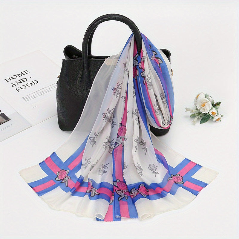 Rose Print Chiffon Scarf Classic Thin Large Shawl Women Windproof Head Wrap