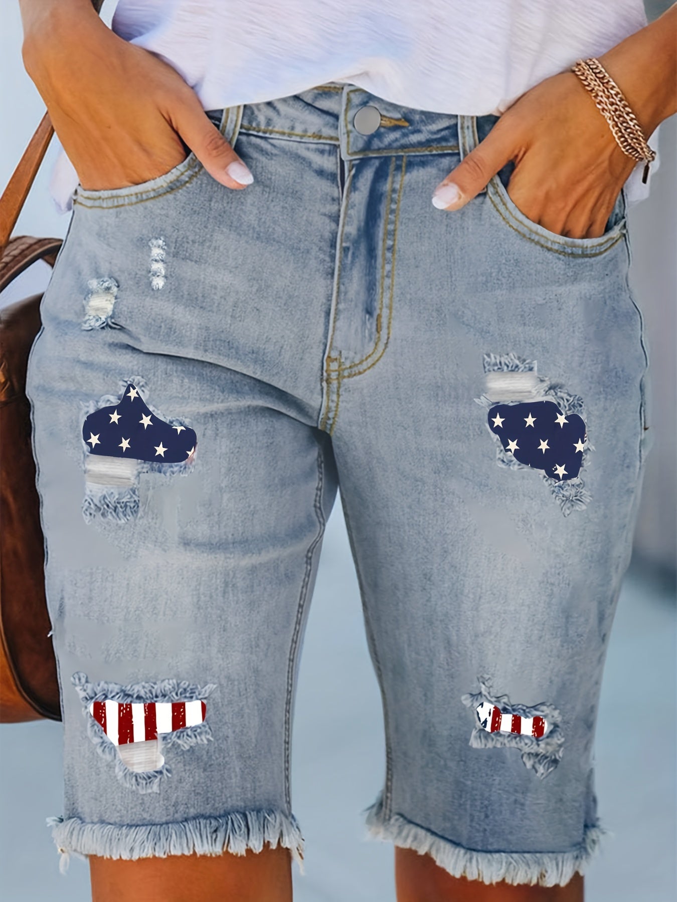 Women's Plus Size Fringe Trim Denim Shorts - Button Fly Ripped Stripe Print